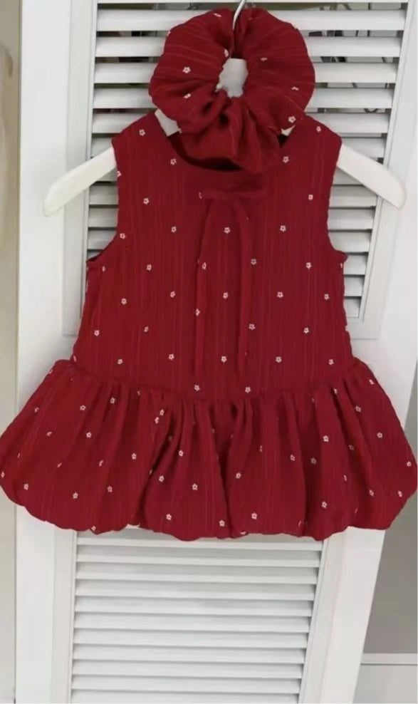 Girls Summer Dresses 2025 New Fashionable Casual Daily Sleeveless Floral Print Lightweight Red Bud Dress with Hair Band