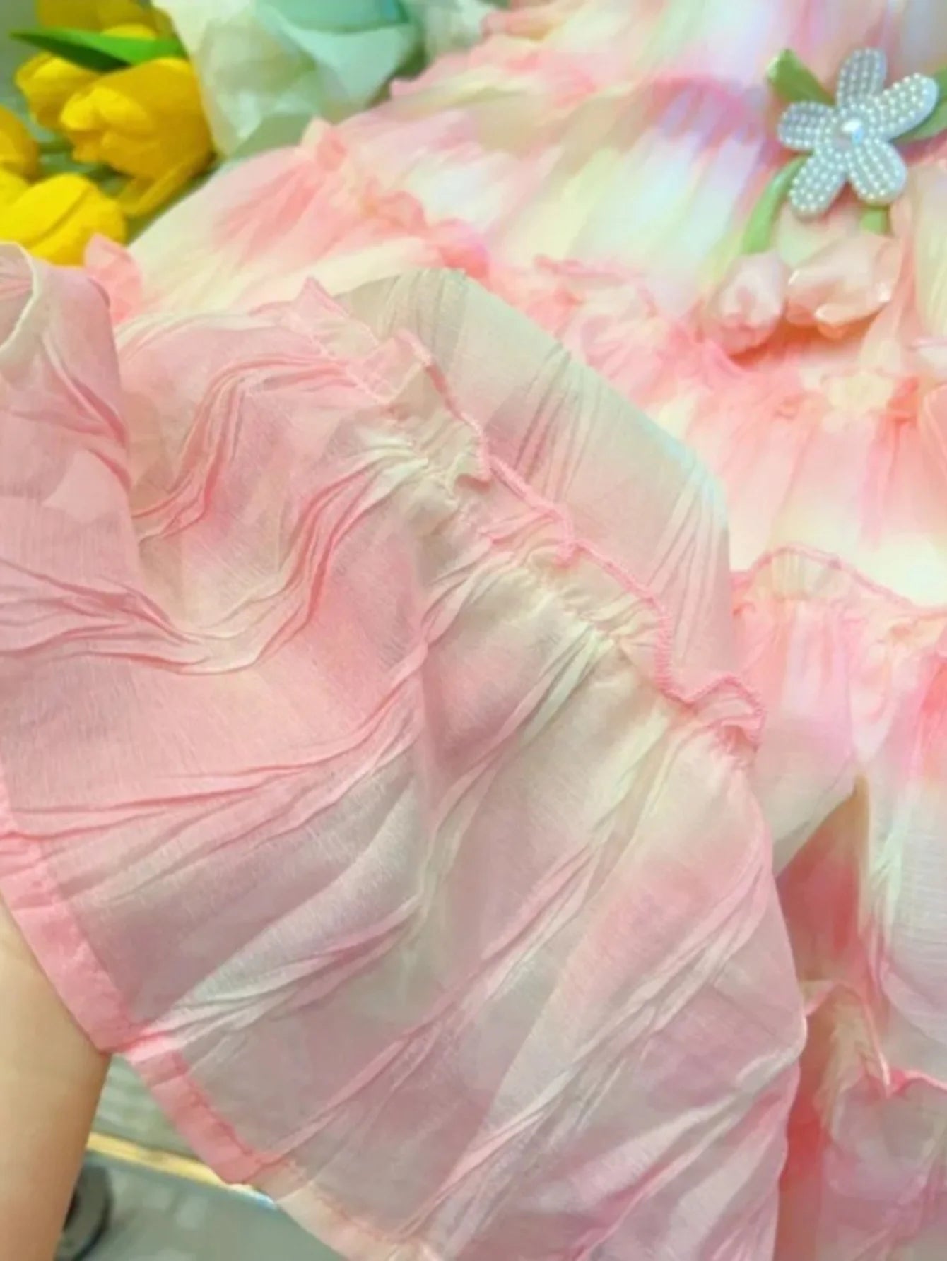 Girls’ Lightweight Summer Dress with Matching Sun Hat – Ombre-Print Chiffon-Look Outfit with Detachable Floral Accent