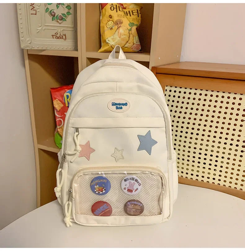 Casual Transparent Badge Large Capacity Commuter Backpack Suitable for Middle School Students Cute School Style Double Shoulder