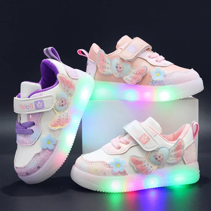 Disney LED Casual Pink Purple For Spring Girls Frozen Elsa Princess Print Outdoor Children Lighted Non-slip Shoes Size 22-31