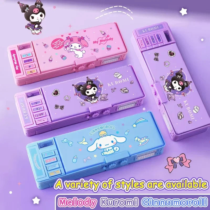 Sanrio Multifunction Stationery Box Kuromi Melody Cinnamoroll Bilayer Coded Lock Pencil Box Large Capacity Students Supply Gift