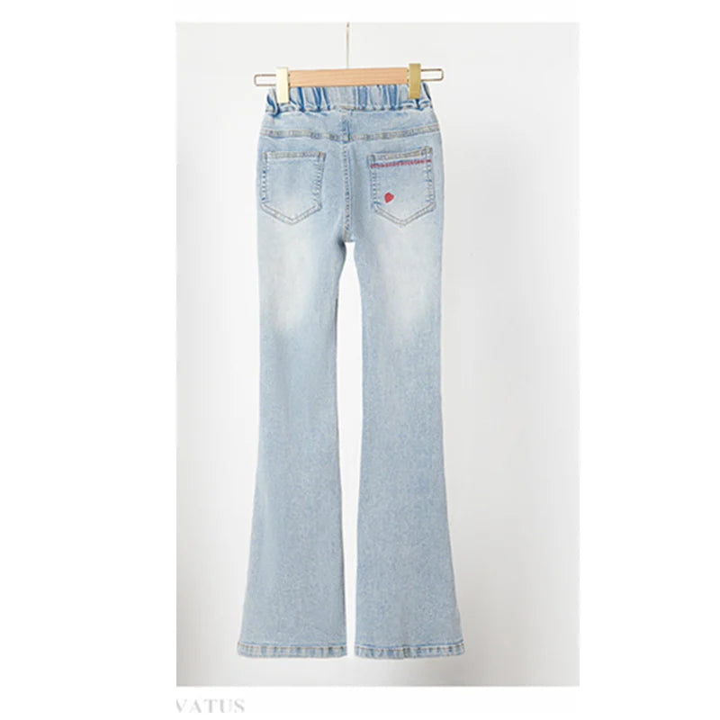 Child Slim Close-fitting Heart Pattern Flared Jeans For Girls Elegant Boot Cut Denim Leggings Pants Kids Fashion Jeans Trousers