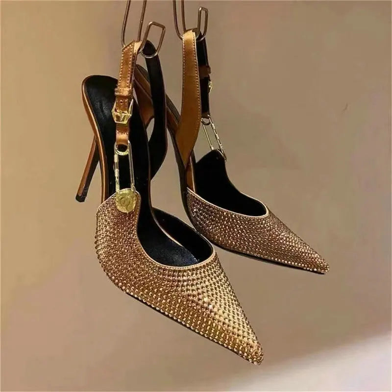 2025 Pointed-Toe Diamond High Heels For Women, Black Tight French Sexy Luxury Hollow Sandals