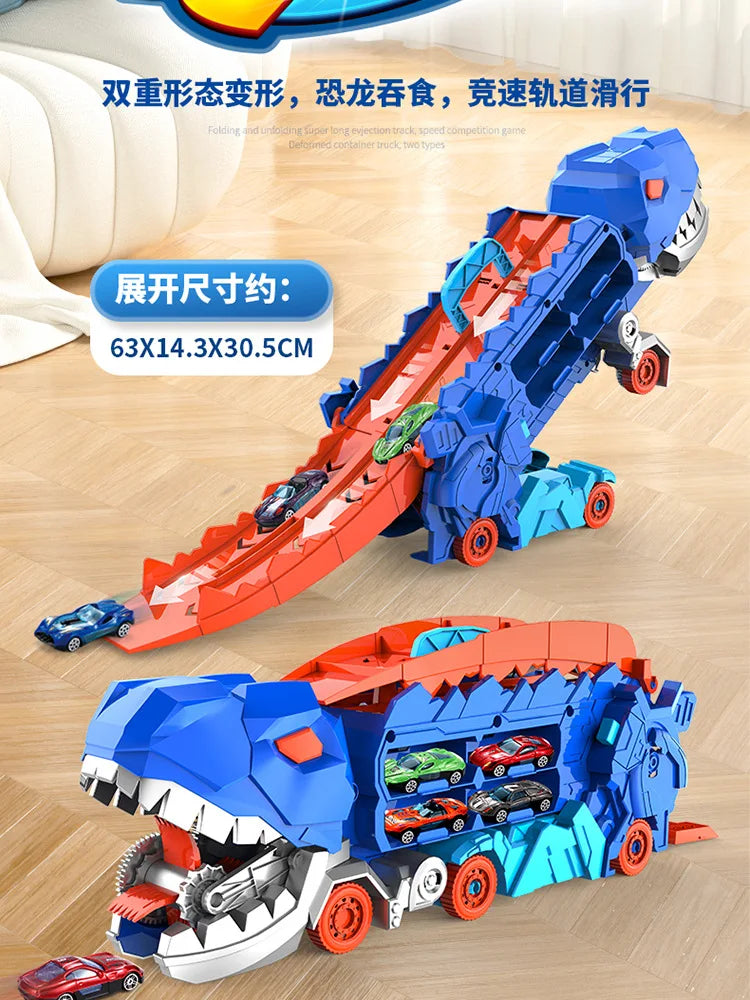 New Product Folding Dinosaur Transporter Car Competitive Game Roll To Eat Car Vehicle Racing Track With Mini Car Kid Gift Toy
