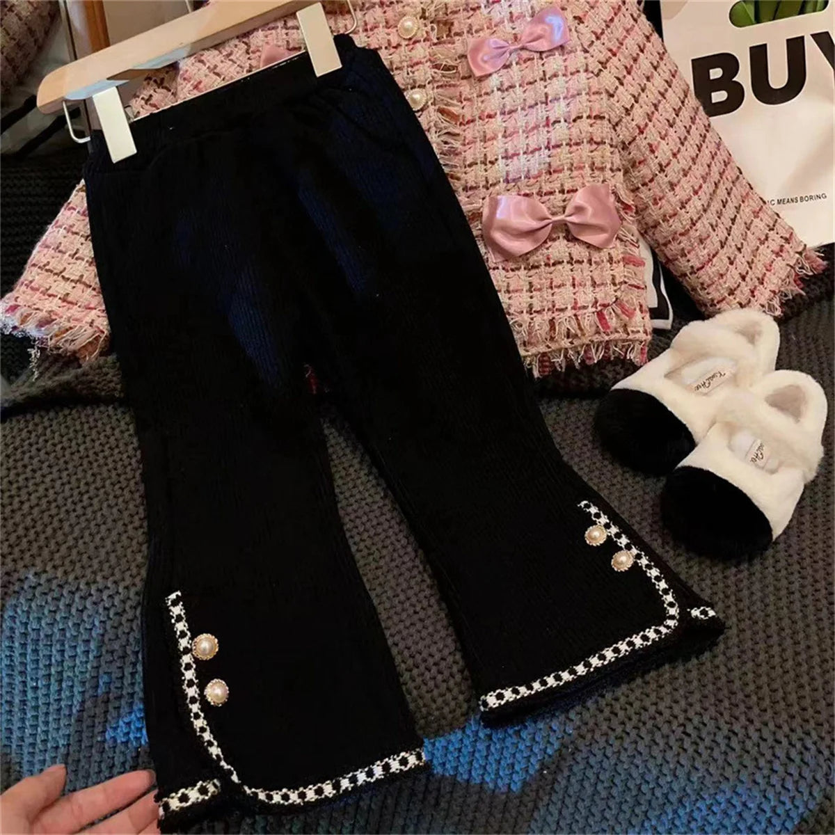 Girls' pants solid color plus fleece micro bell-bottoms winter new foreign style straight pants fashion Korean girls' pants
