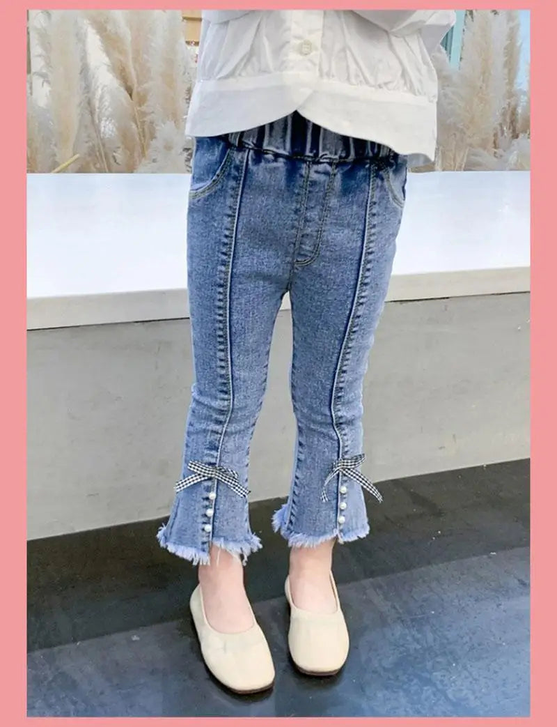 New Spring Kids Jeans Children Cute Bow Lace Denim Blue Pants Girls Embroidered Daisy Trousers