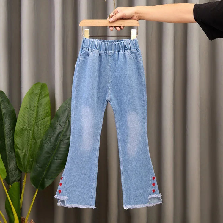 Girls Blue Jeans for Children's Fashion Clothing Princess Kids Denim Wide-leg Pants Baby Teens Girl Flared Bow Applique Trousers