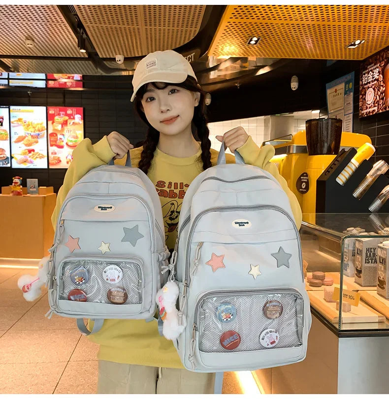 Casual Transparent Badge Large Capacity Commuter Backpack Suitable for Middle School Students Cute School Style Double Shoulder