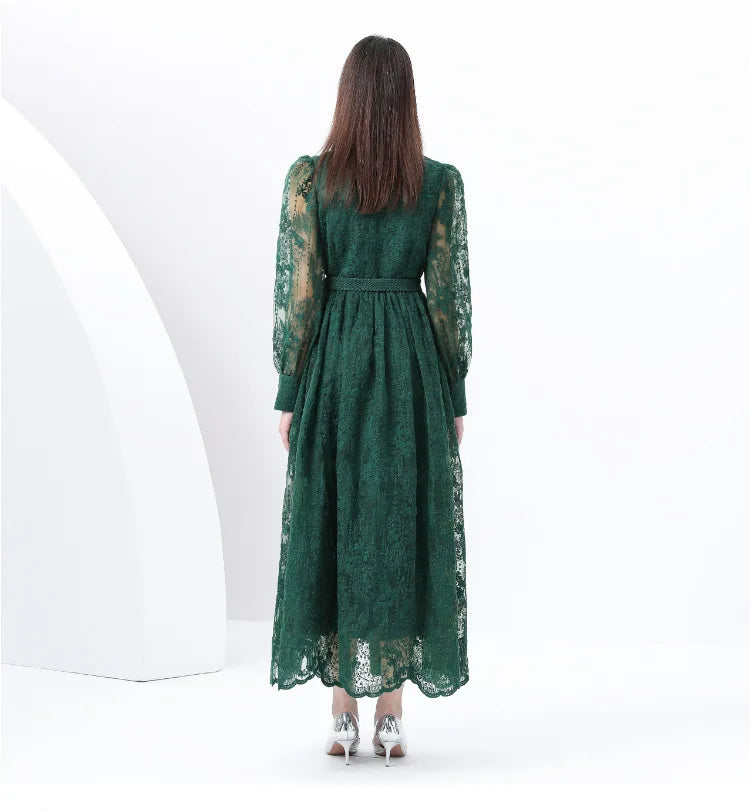 Luxury High-end Women Clothing Dress Spring Fitted Waist Embroidery V-neck Bell Sleeves Long Sleeves Single-breasted Long Dress