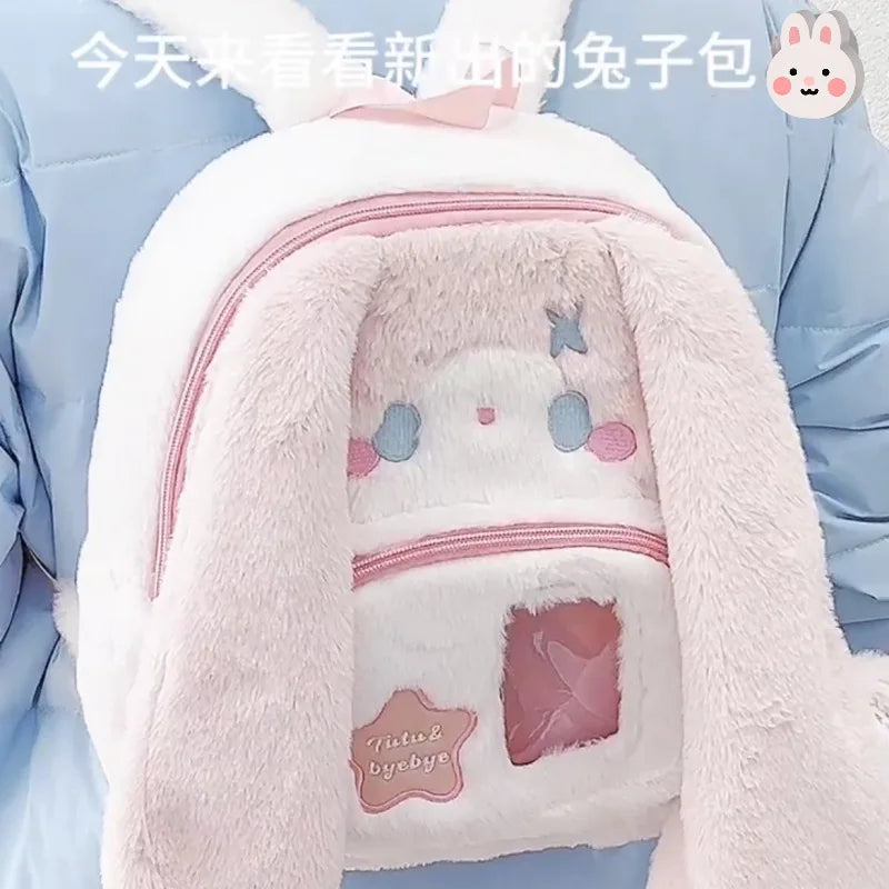 Kawaii Rabbit Ears Double Shoulder Bag Large Capacity Travel Backpack For Girls Cute Cartoon Rabbit Design Ideal Festival Gift