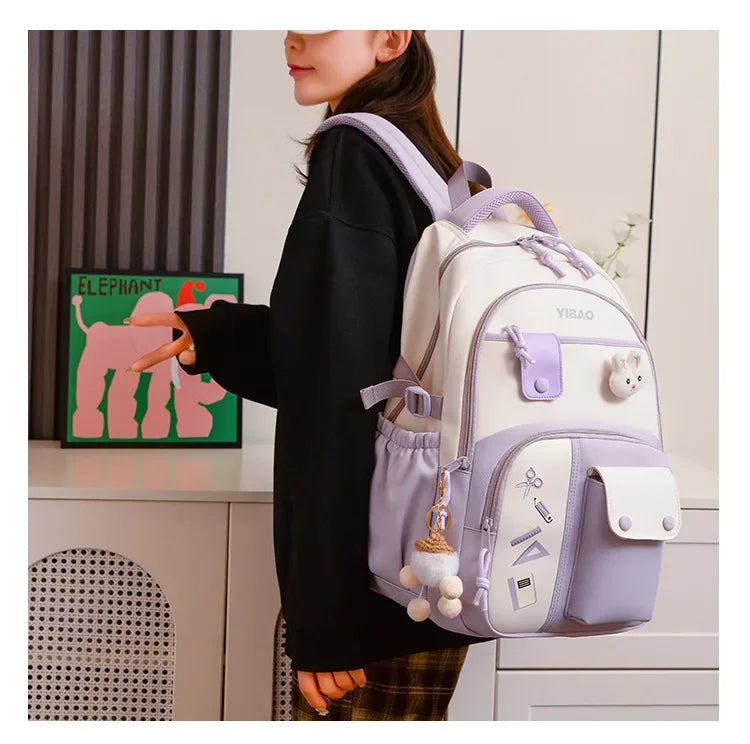 New cute rabbit children school backpack Fashionable splicing color contrast fresh lady knapsack kids schoolbags bring a doll