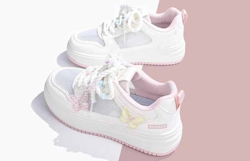 2025 Spring Summer New Versatile White Shoes Mesh Breathable Butterfly Embroidery Thin Height-Increasing Flat Sneakers