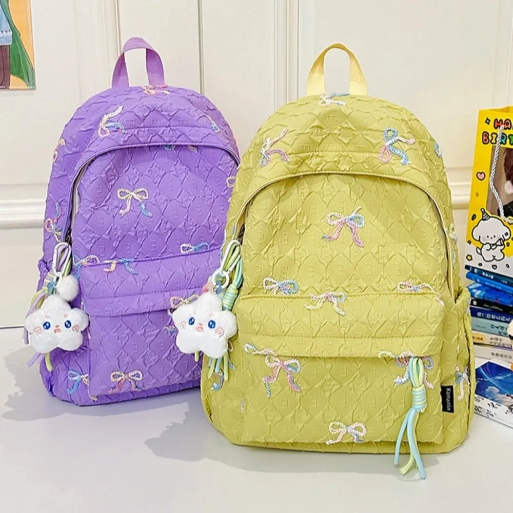 Fashion Embroidered Bow Backpack Nylon Large Capacity Students Schoolbag Multiple Pockets Wear-resistant Travel Rucksack