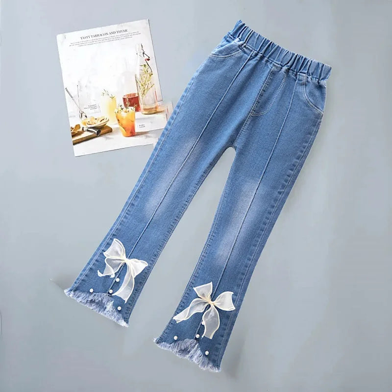 3-12 Year Old Girls' Jeans 2024 New Children's Fashion Lace Long Pants Sweet Korean Bow Flare Pants Loose Casual Pants