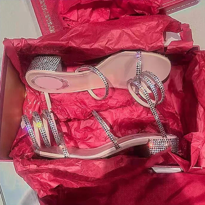 Women Sandals 2023 New Summer Rhinestone Ankle Strap Roman Shoes Ladies High Thick Square Heels Simplicity Sexy Shoes Female