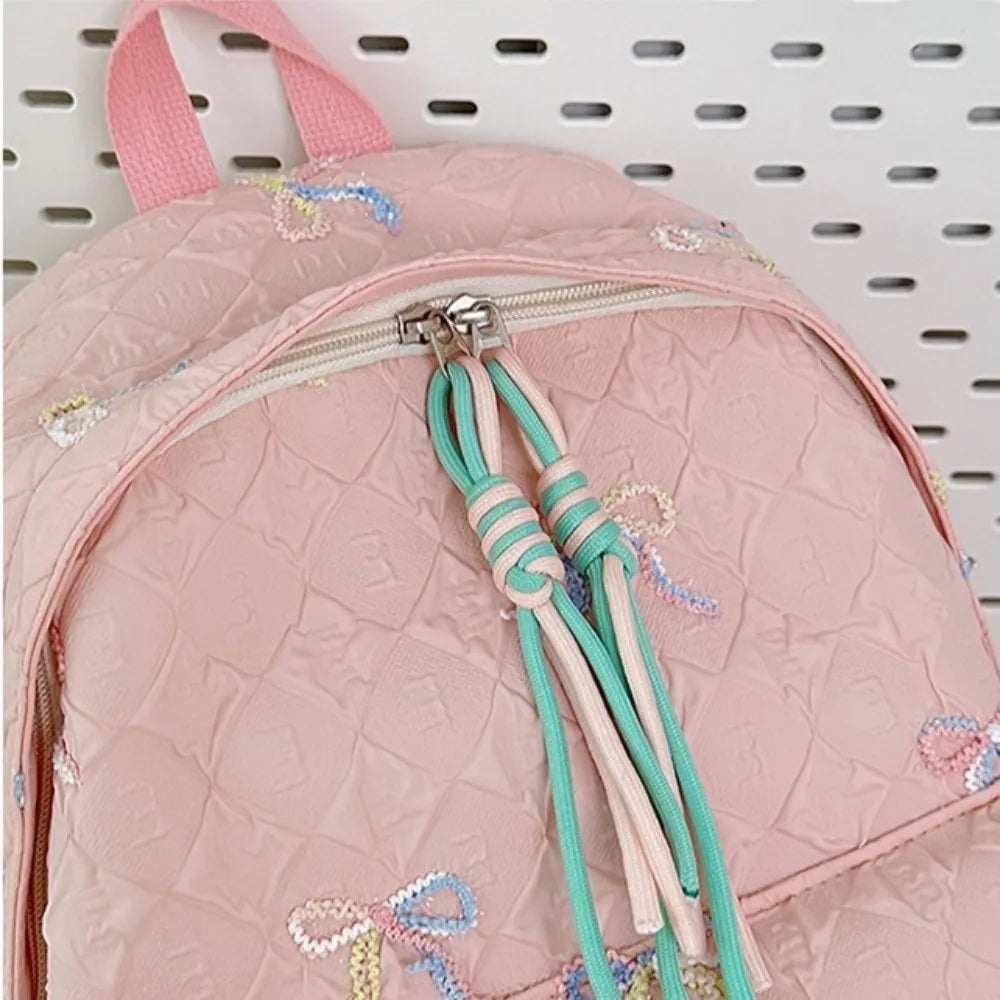 Fashion Embroidered Bow Backpack Nylon Large Capacity Students Schoolbag Multiple Pockets Wear-resistant Travel Rucksack