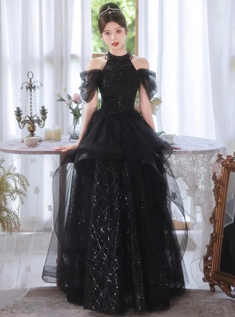 Evening Dresses Luxury 2026 Black Halter Evening Dress Corset Bodice Sequin Tulle Puffy Gown For Gala & Quinceanera