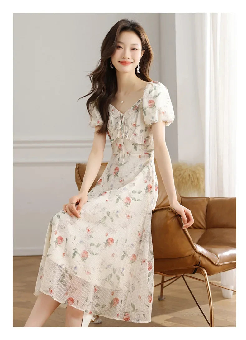 Elegant Summer Dress with Bubble Sleeves And Bellflower Pattern Slimming Empire Waist Knee-Length Polyester Fiber Short Sleeve