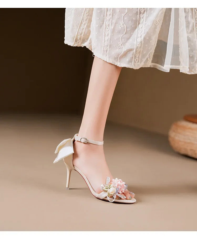 Summer Fashion Shoes Woman Pumps Open Toe Satin Flower Bow Buckle High Heels Ladies Sandals Women's Dress Wedding Party Shoes