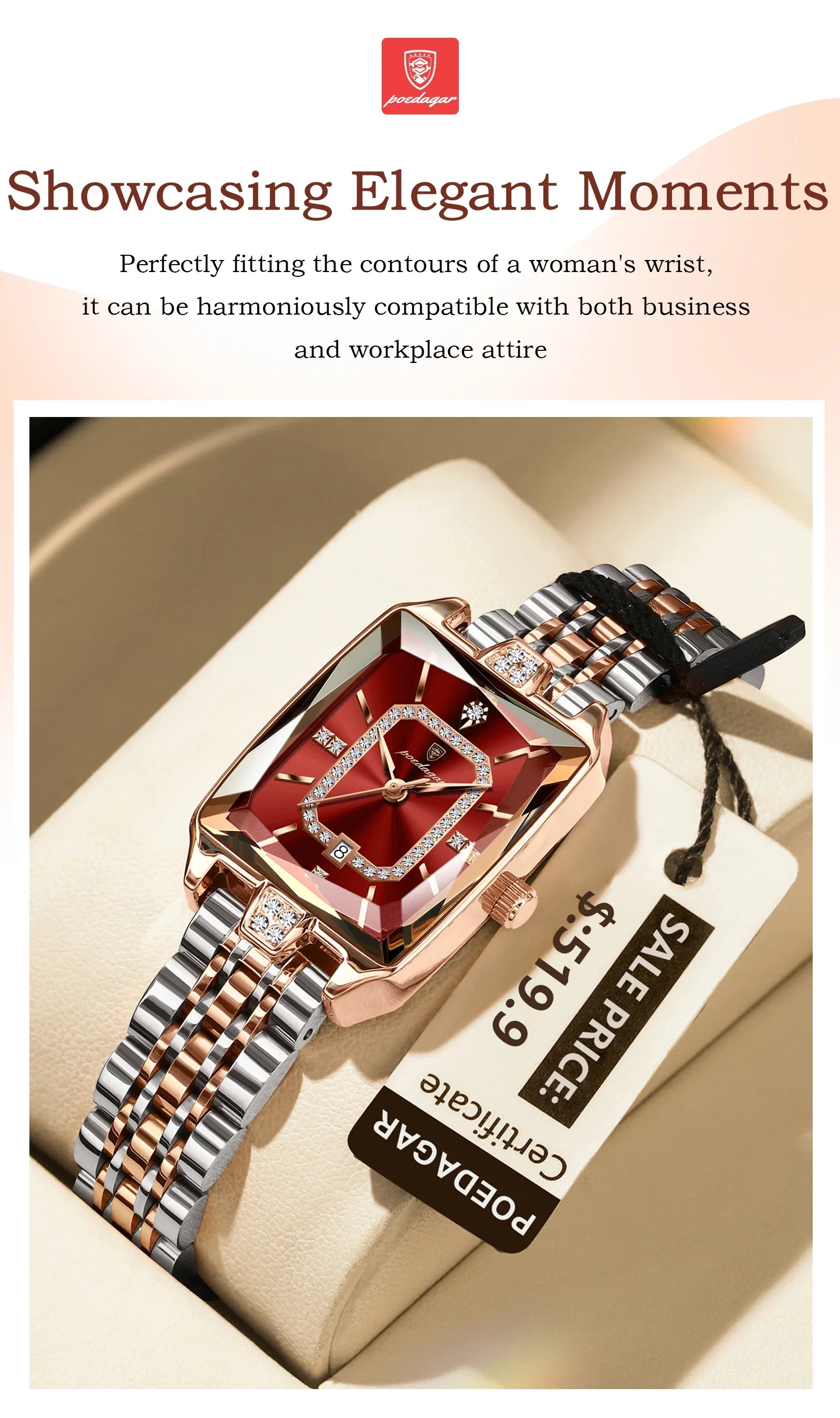 POEDAGAR Luxury Watch For Woman Elegant Waterproof Calendar Ladies Watch Rectangle Stainless Steel Quartz Women's Watches Female