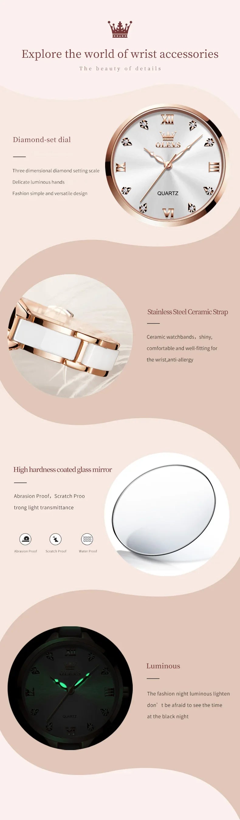 OLEVS Women's Watche Waterproof Ceramic Genuine Quartz Watch High Beauty Gift for Girlfriend Fashion Famous Watch Top Wristwatch