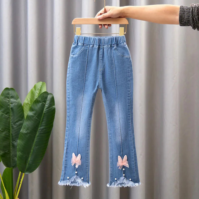 Children Infants Girls Casual Denim Pants Bow Tie Child Teenage Girl Jeans Clothes Fashion Kids Skinny Trousers Prints Clothing