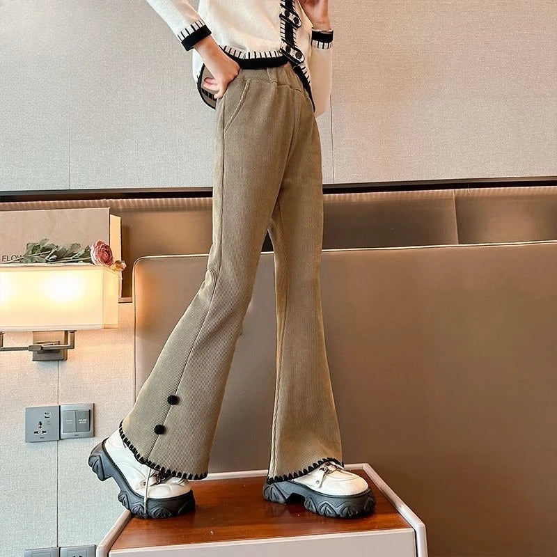 Girl's Autumn Winter New Mid-Weight Flared Jeans with Integrated Fleece-Lining, Stylish Casual Pants for Tween Girls