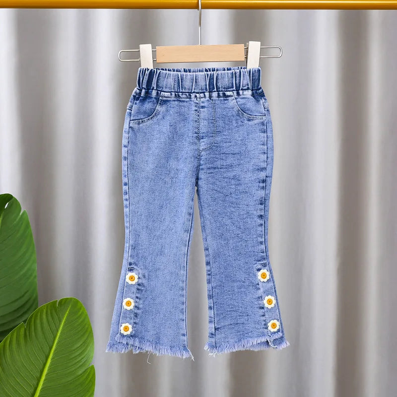 Girls' Jeans 2024 Spring Autumn New Girls Cotton Embroidered Floral Jeans Kids Fashion All-match Casual Trousers Jeans0-5Y