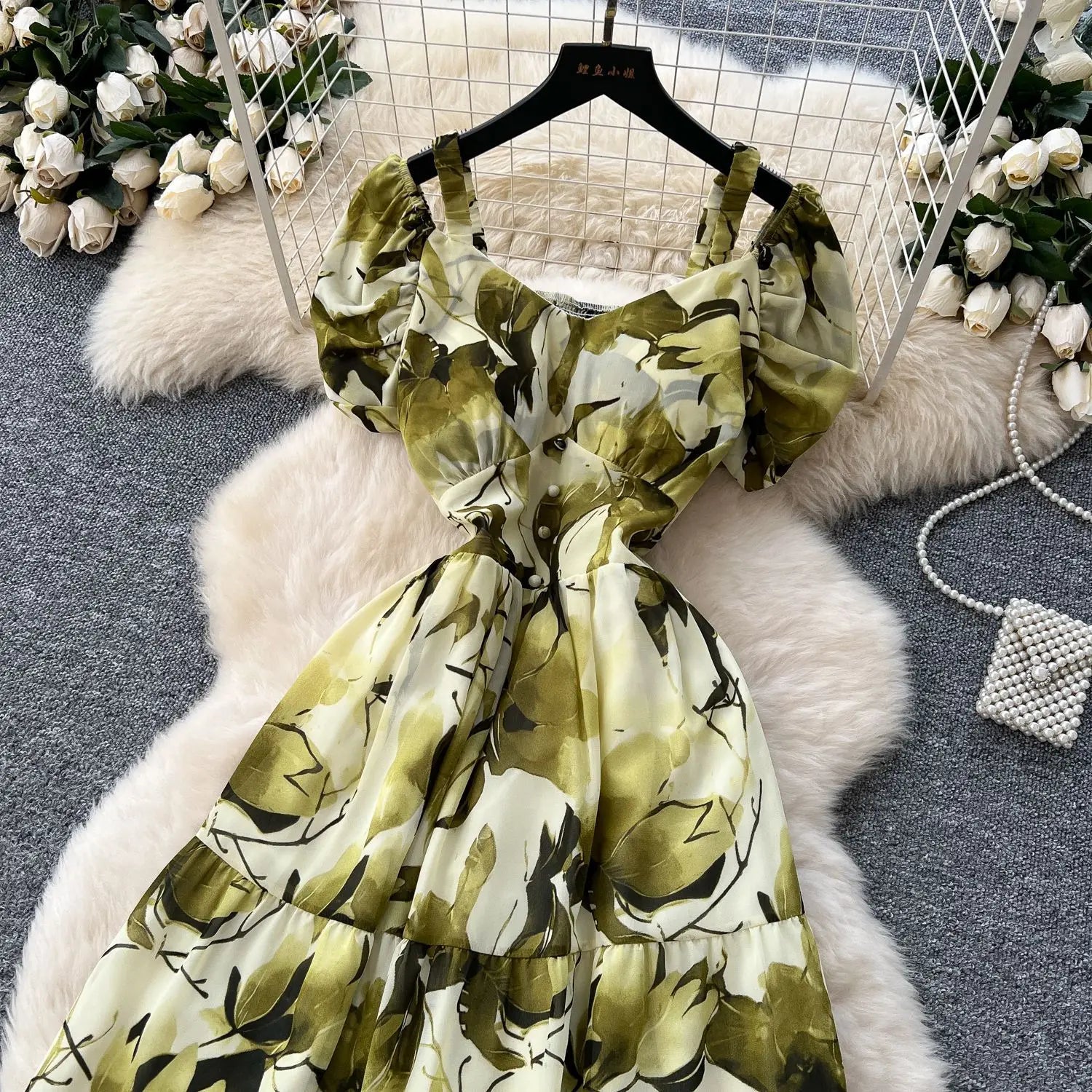 Summer 2025 French Style New Fashion Women's Elegant Trendy Printed Short Puff Sleeve Ankle Length Slim Dresses Female Clothes