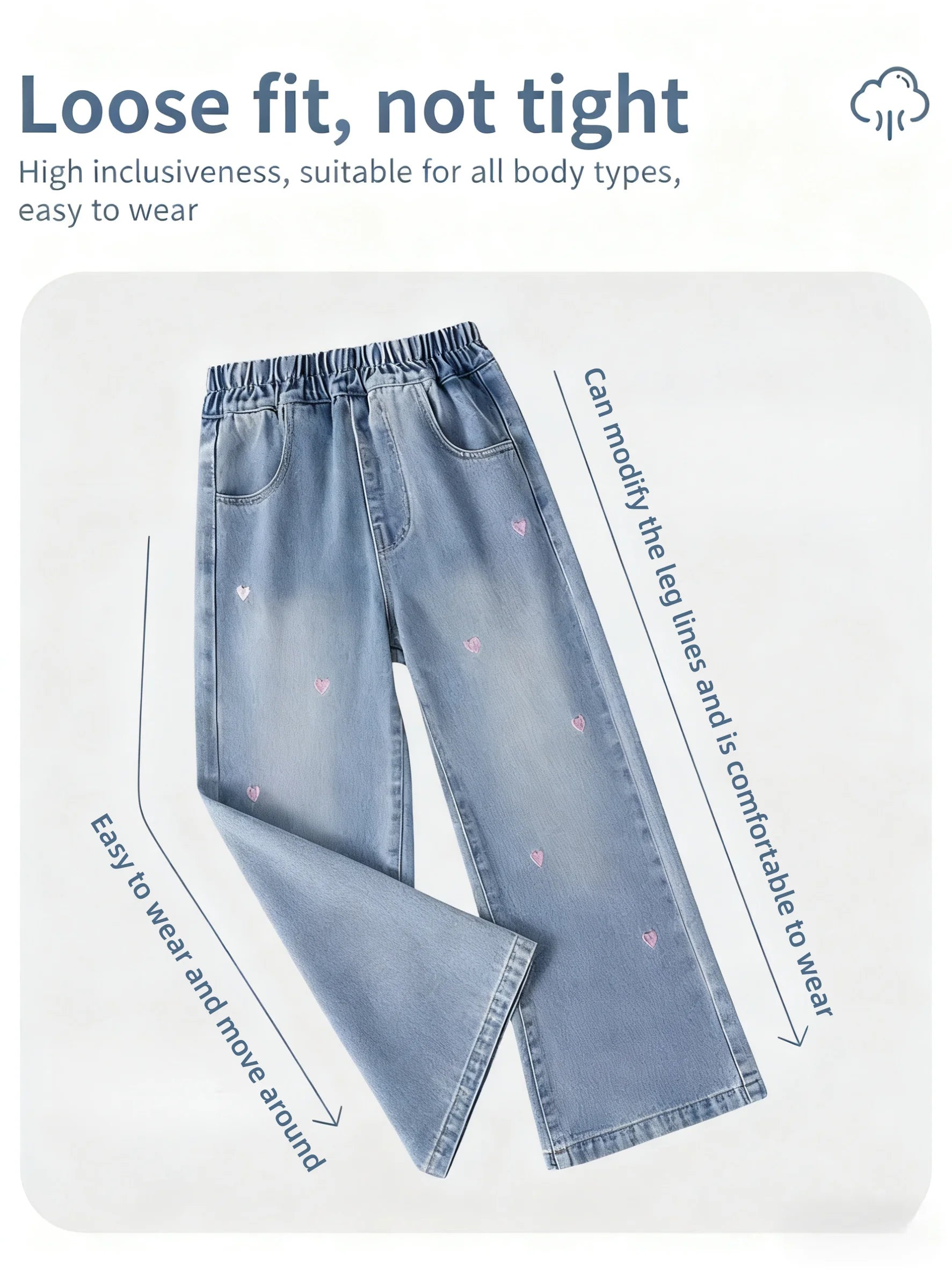 Girls Bootcut Jeans Kids Straight Denim Pants With Heart Embroidery Decoration Children Spring Autumn Stylish Durable Trousers
