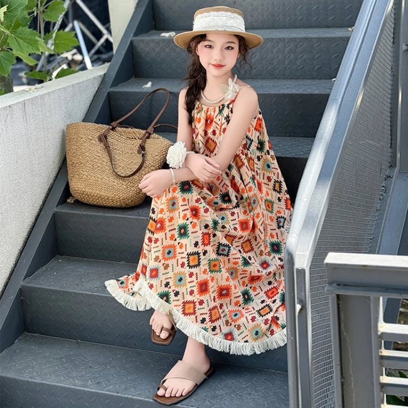 Girls' Summer Dress 2025 New Design for Children, Girls' Beach Bohemian Princess Dress for Older Kids.