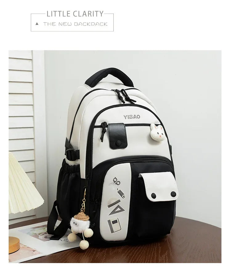 New cute rabbit children school backpack Fashionable splicing color contrast fresh lady knapsack kids schoolbags bring a doll