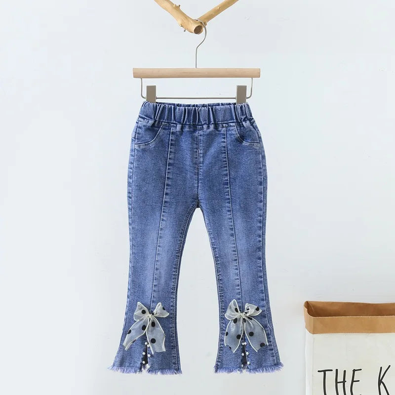 2 3 4 5 6 Years Kids Baby Girls Jeans New Fashion Beading Bow Denim Pants Spring Autumn Children Casual Trousers Toddler Clothes