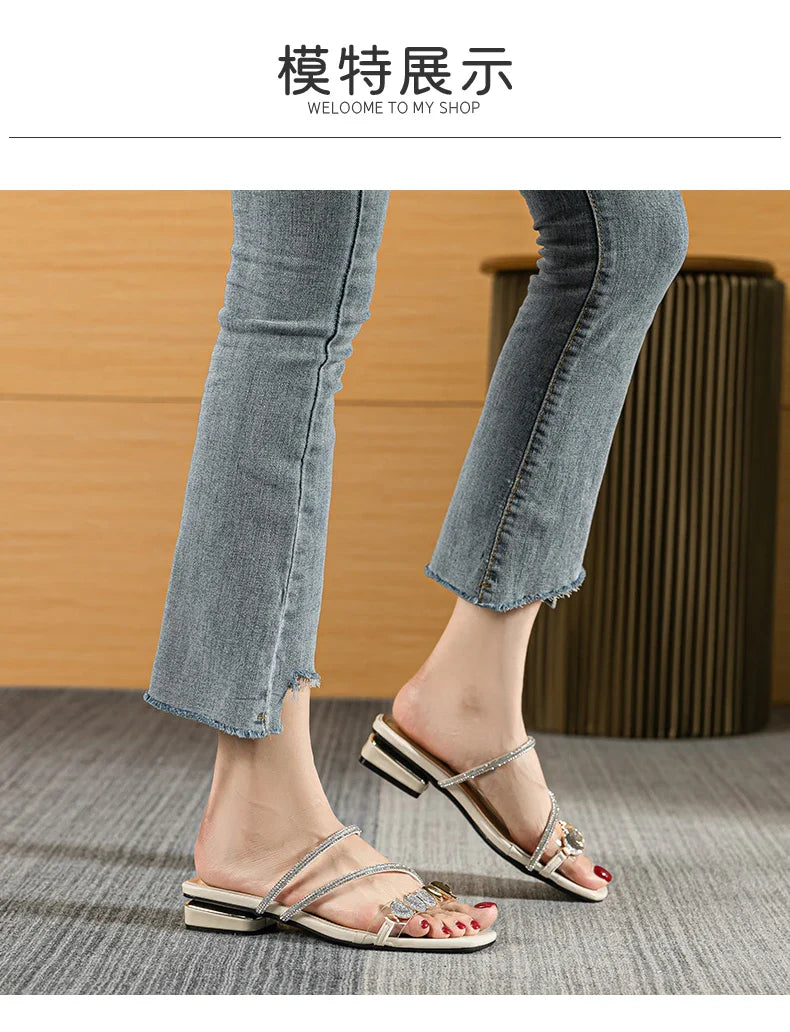 summer new women's slippers outdoor sandals casual flat shoes Stylish metal design Korean style office wear Large size 43