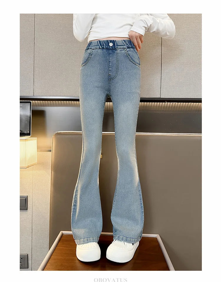 Child Slim Close-fitting Heart Pattern Flared Jeans For Girls Elegant Boot Cut Denim Leggings Pants Kids Fashion Jeans Trousers