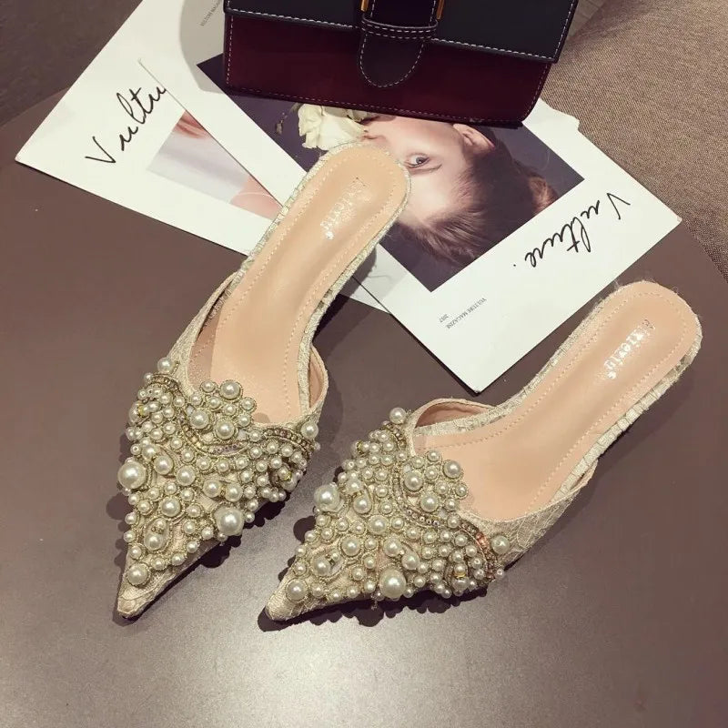 Large Pearl Women Shoe Autumn Lace Rhinestone Mid Heel Half Slipper Sandals Fashion Muller Shoes Casual Versatile Single Shoes