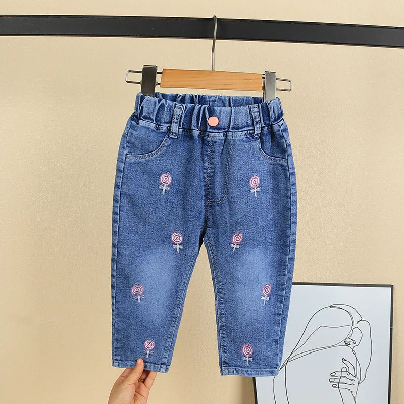 2025 Spring Autumn Korean version children's embroidery elastic soft simple men's and women's fashion denim pants 0-5Y