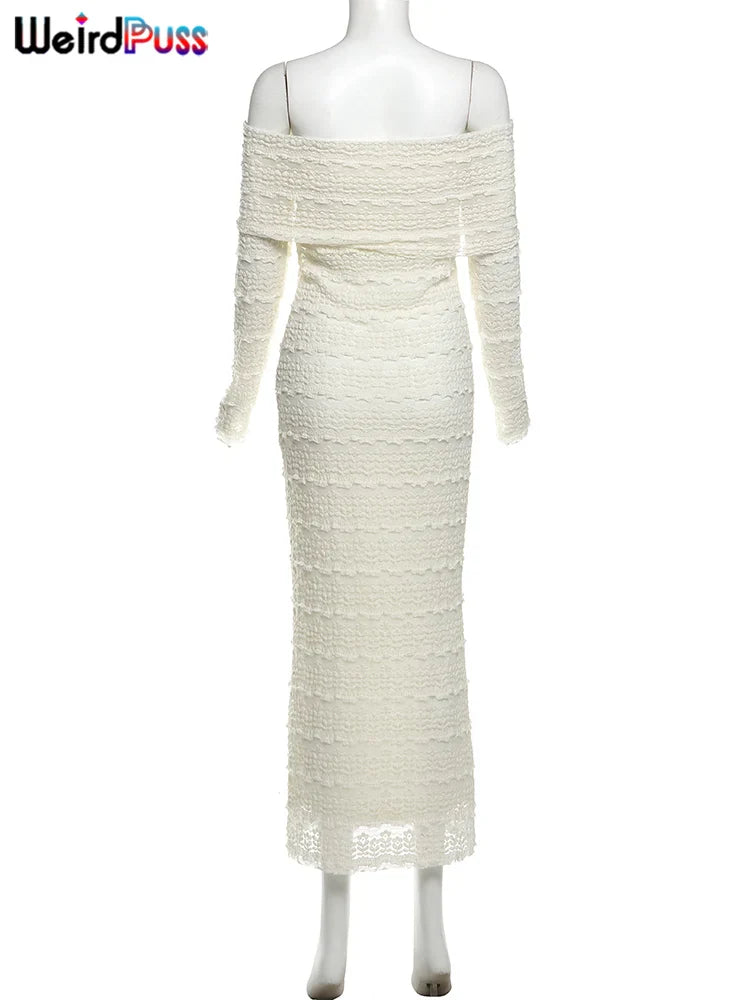 Cutenew Slash Neck Dress Women Sexy See Through Lapel Backless Full Sleeve Vacation Beach Party Elegant Skinny Maxi Vestidos