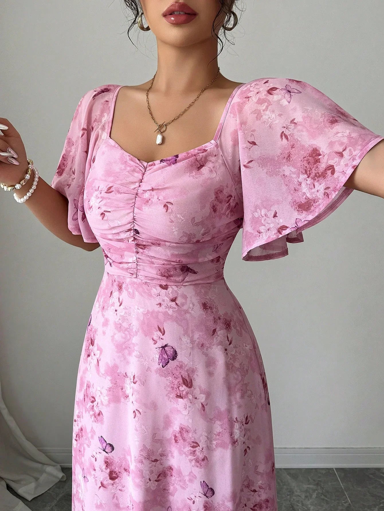 Fashionable Long Floral Print Dress Women's New Summer Slimming Age-Defying Dress Empire Waist Bubble Sleeve Knee-Length