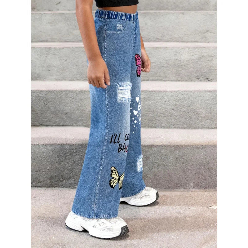 2025Girls' Y2K Butterfly Print Ripped Faux Jeans High-Rise Elastic Waist Loose Wide-Leg Faux Jeans