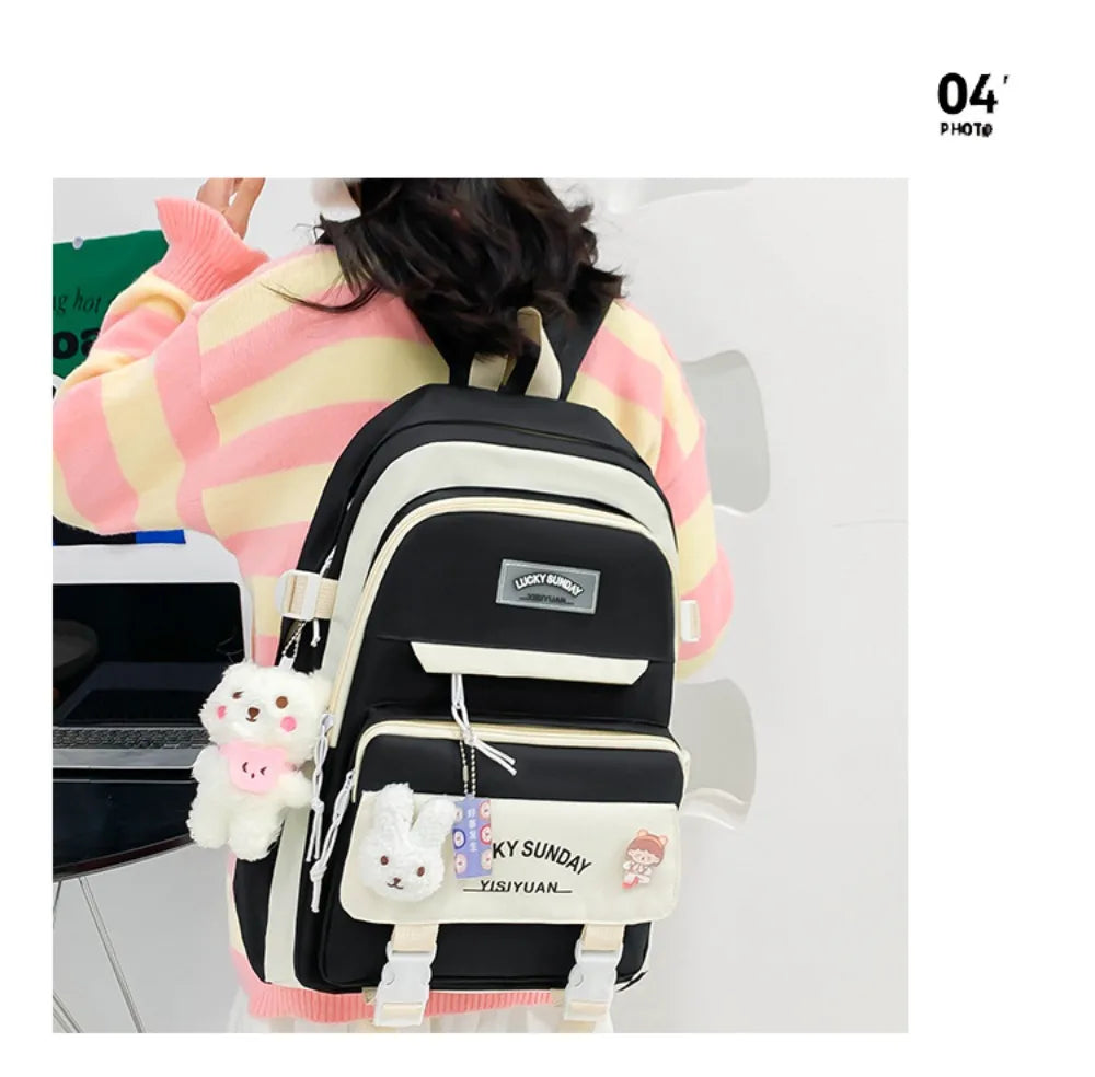 5 Pcs Cute Large Capacity Backpack Set Multifunctional Breathable Student Schoolbag Buckle Coin Purse School
