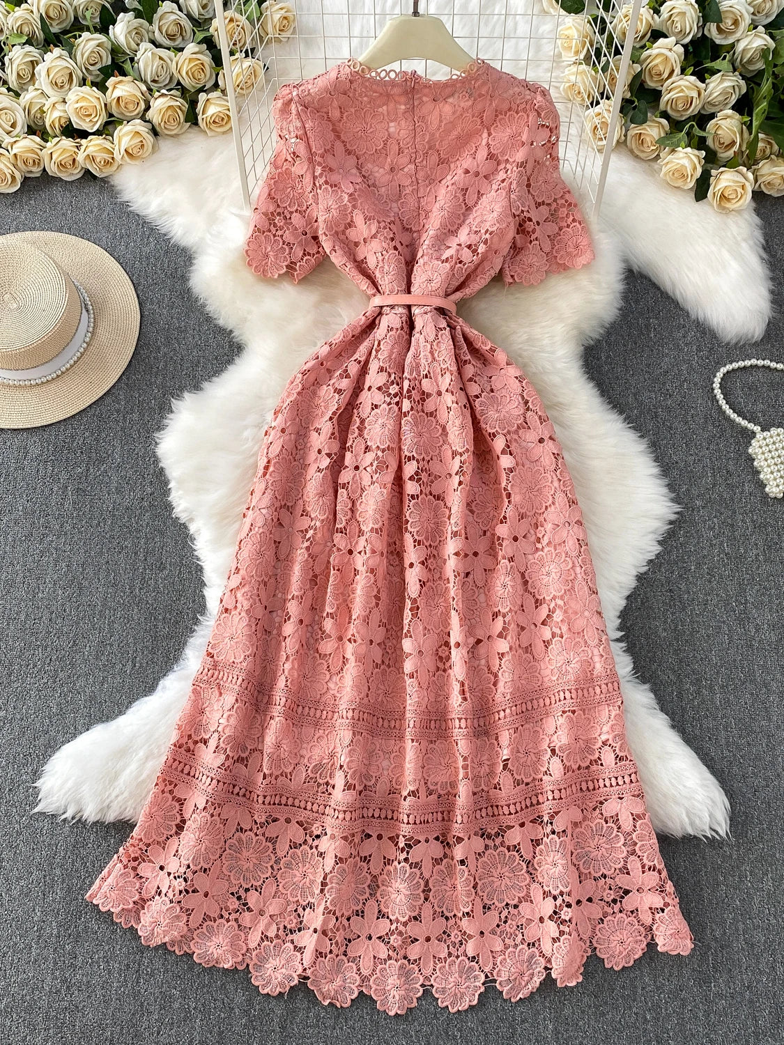 Brand Design Summer Embroidery Lace Long Dress Women Hollow Out Short Sleeve Midi Dresses Lady Belt Prom Evening Party Vestidos