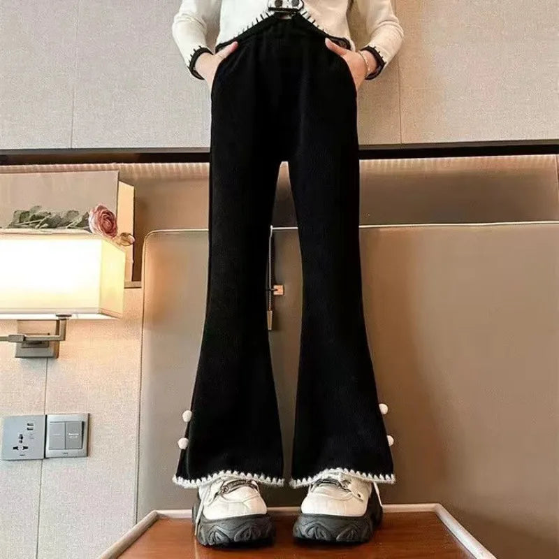 Girl's Autumn Winter New Mid-Weight Flared Jeans with Integrated Fleece-Lining, Stylish Casual Pants for Tween Girls