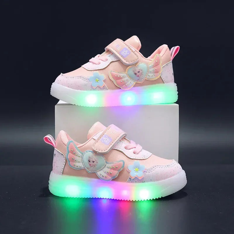 Disney LED Casual Pink Purple For Spring Girls Frozen Elsa Princess Print Outdoor Children Lighted Non-slip Shoes Size 22-31