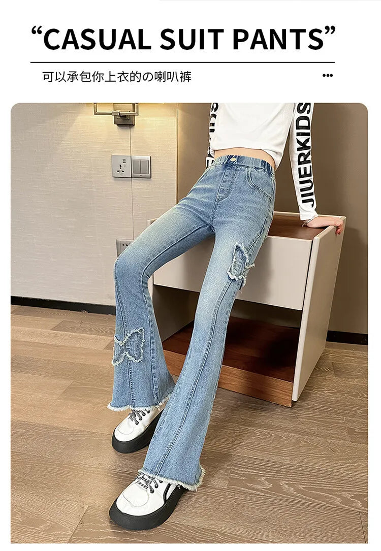 Fashion Jeans for Girls with Butterfly New Arrvial Kids Vintage Tight Denim Flare Pants 2024 Spring Autumn Teenage Slim Trousers