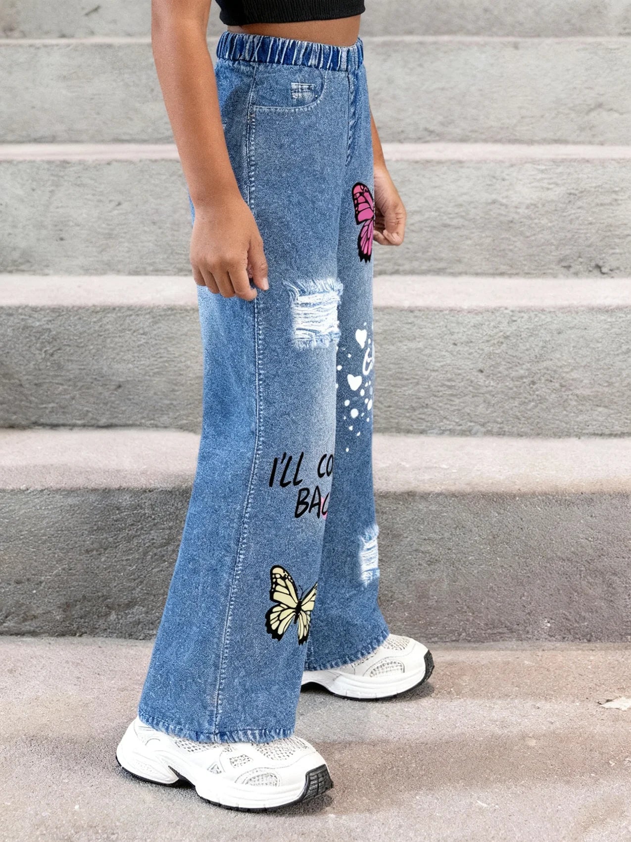 2025Girls' Y2K Butterfly Print Ripped Faux Jeans High-Rise Elastic Waist Loose Wide-Leg Faux Jeans