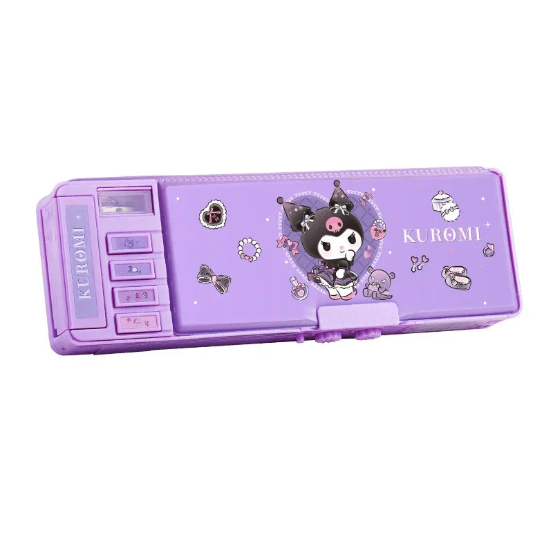 Sanrio Multifunction Stationery Box Kuromi Melody Cinnamoroll Bilayer Coded Lock Pencil Box Large Capacity Students Supply Gift