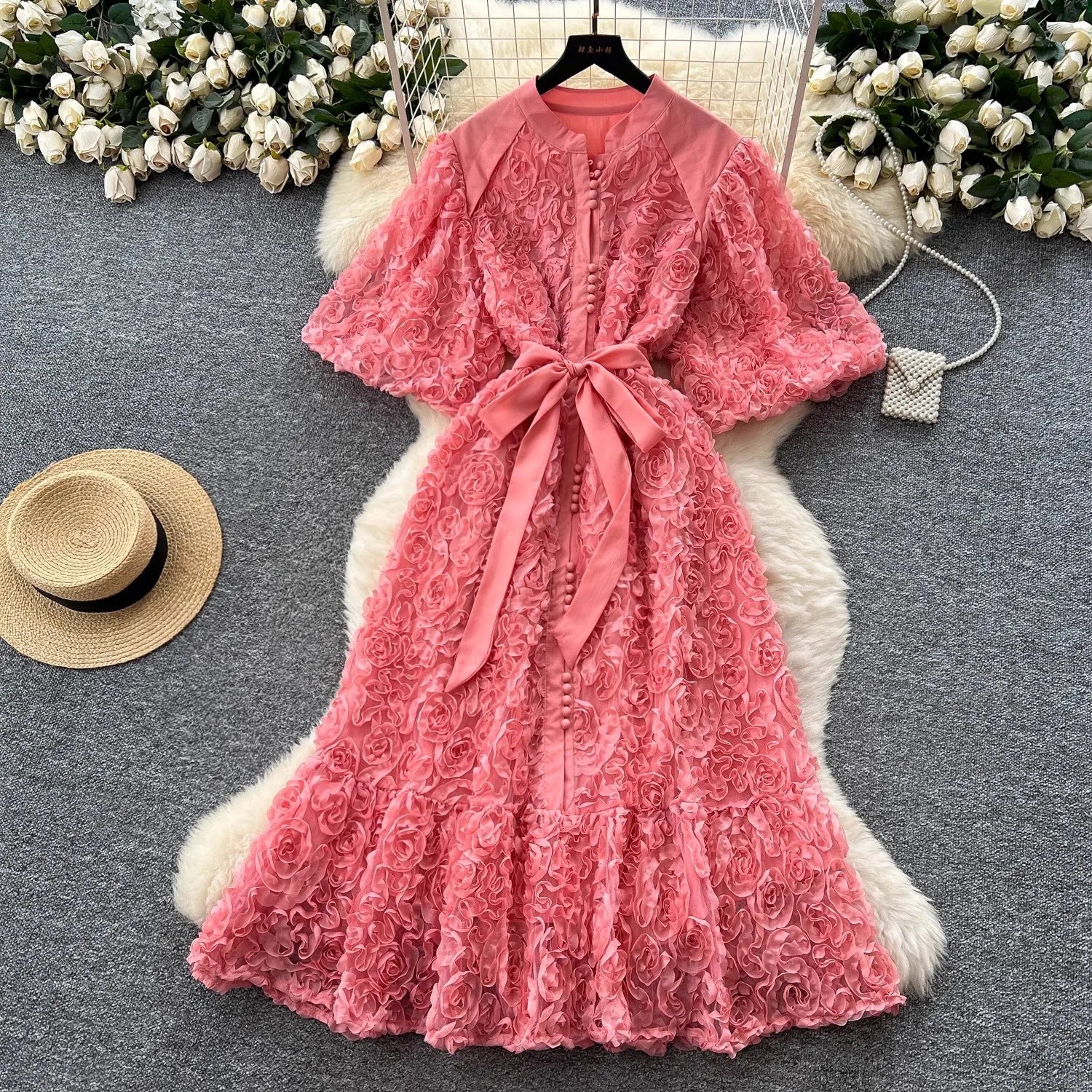Luxury 3D Flower Formal Evening Dress Women Summer Single Breasted Loose Oversize Belt Lace Up Long Dresses Female Party Vestido