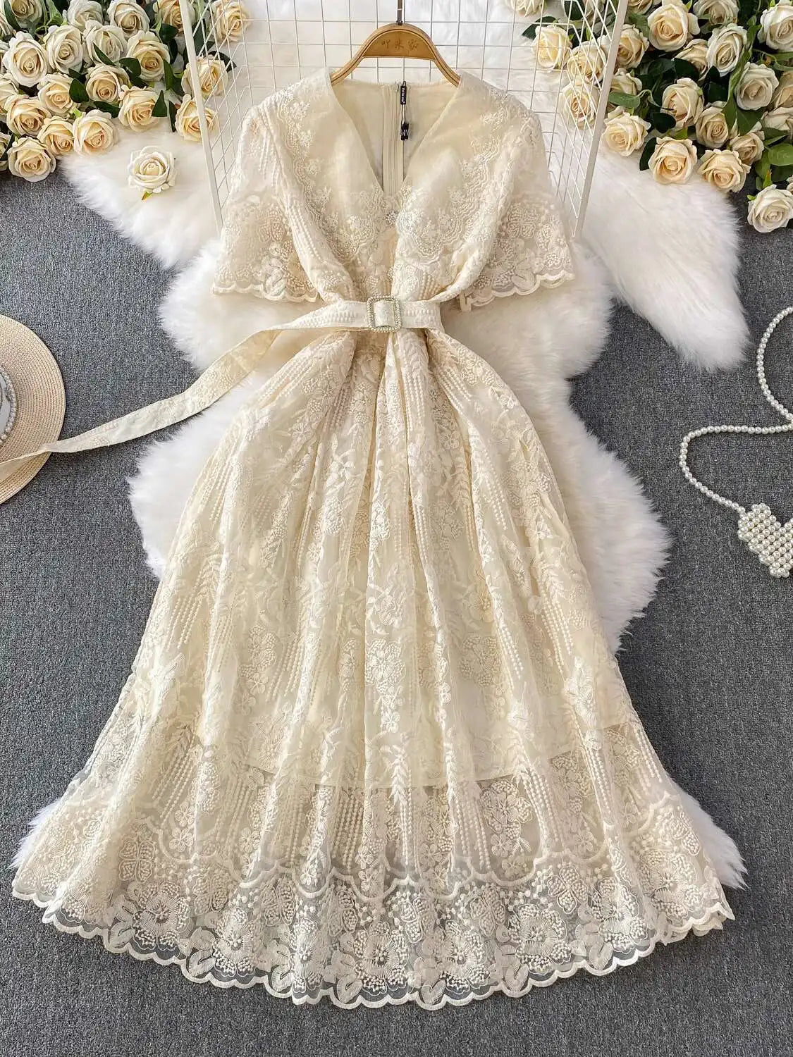 Luxury Formal Evening Lace Dress Women Summer Short Sleeve Crochet Embroidery Prom Long Dresses Runway Party Vestidos