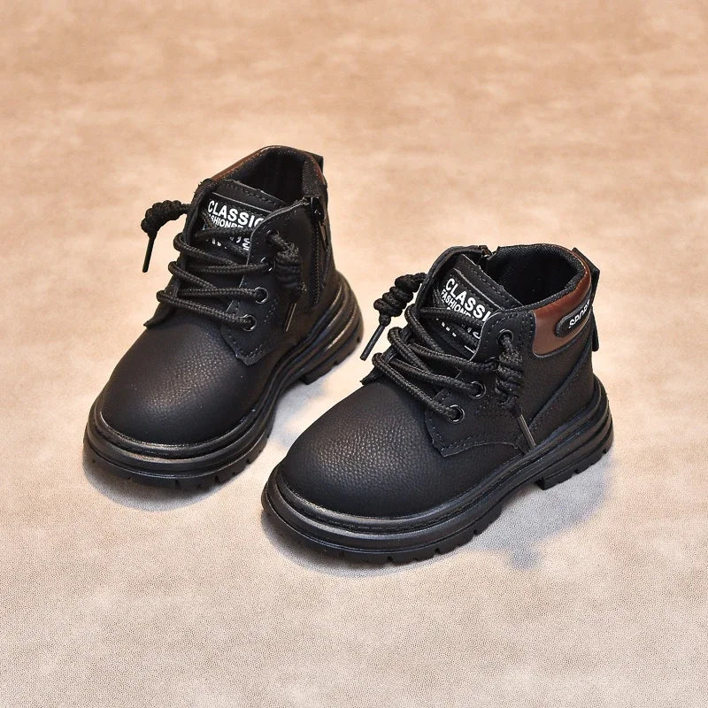 Kids Short Boots Side Zipper Round Toes Children Ankle Boots Waterproof 2025 New Fashion Boys Girls Leather Boots Pu Soft Bottom